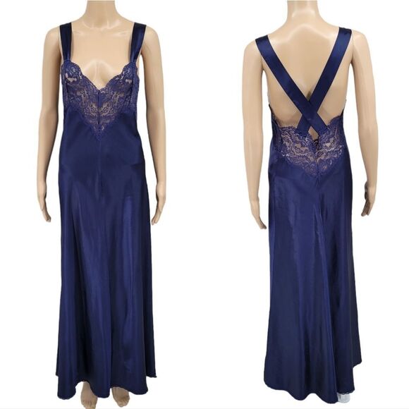 Vanity Fair Vintage Blue Satin Maxi Length Slip Dress Open Back Lace Panel Chest - Picture 2 of 13